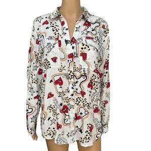 Milk & Honey off white shirt long roll tab sleeve pockets red hearts size L